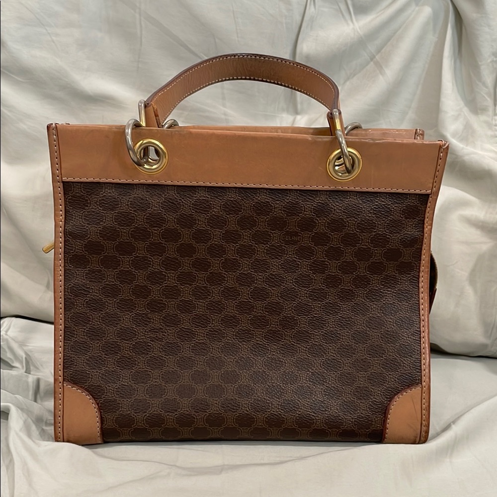 Vintage Pre-Owned CELINE Macadam Blason Triomphe Leather Handbag Tote Bag Brown